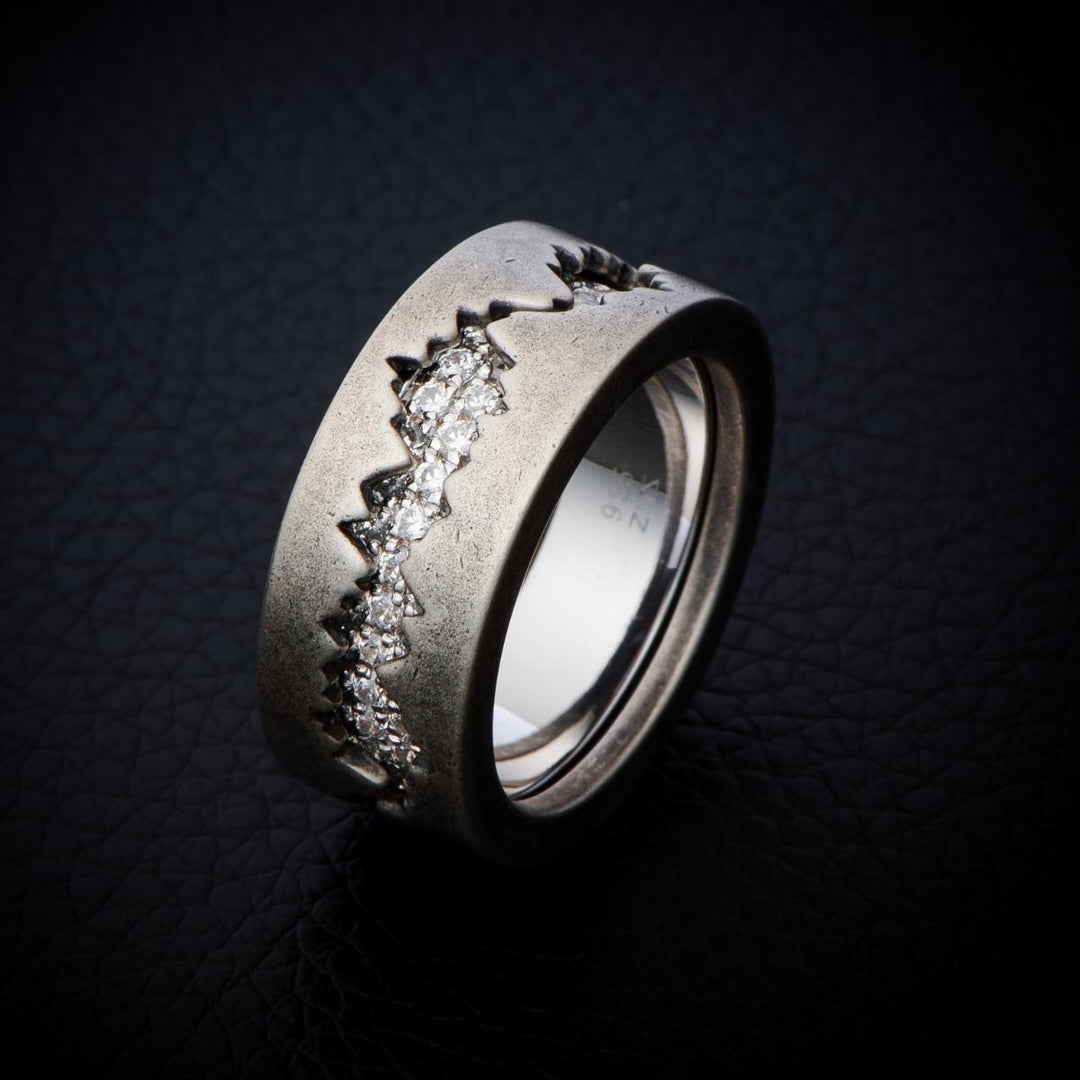 Fission C - Ring in Oxidised Silver with White CZ Stones