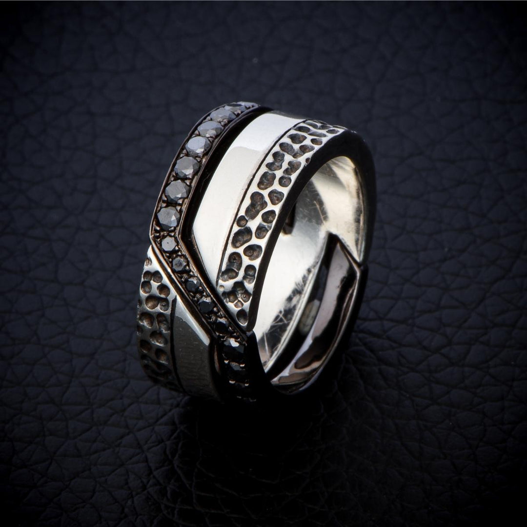 Mortise R - Ring In Oxidised Silver with Black Diamonds